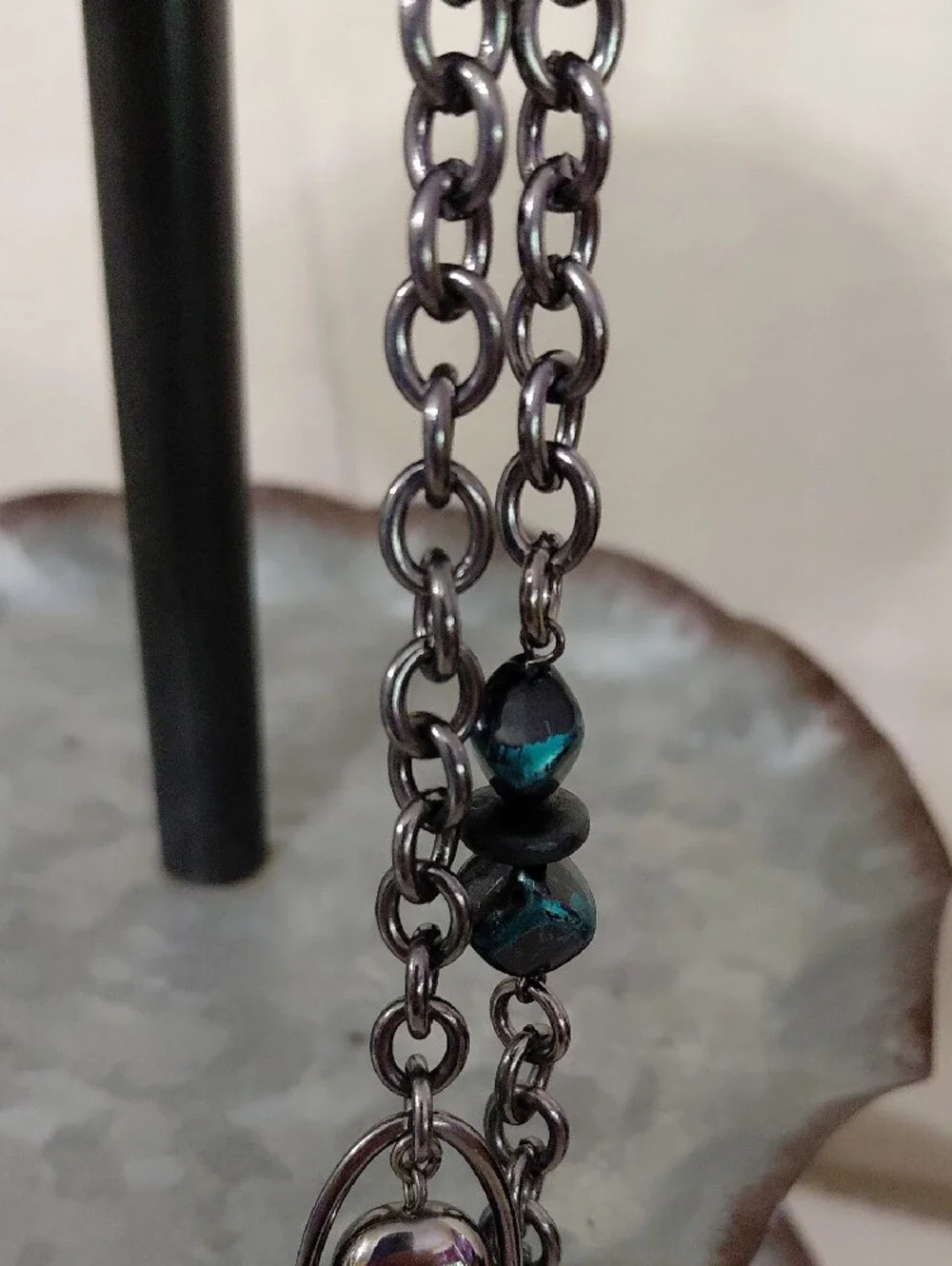 Long Silver Chain Necklace with Teal Beads